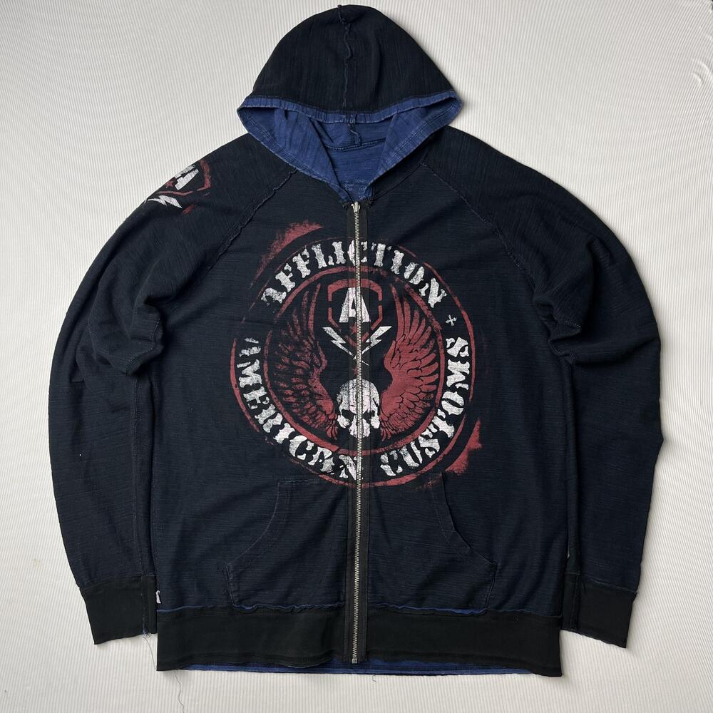 Affliction Hoodie Mens 3XL Blue Full Zip Reversible American Customs Skull